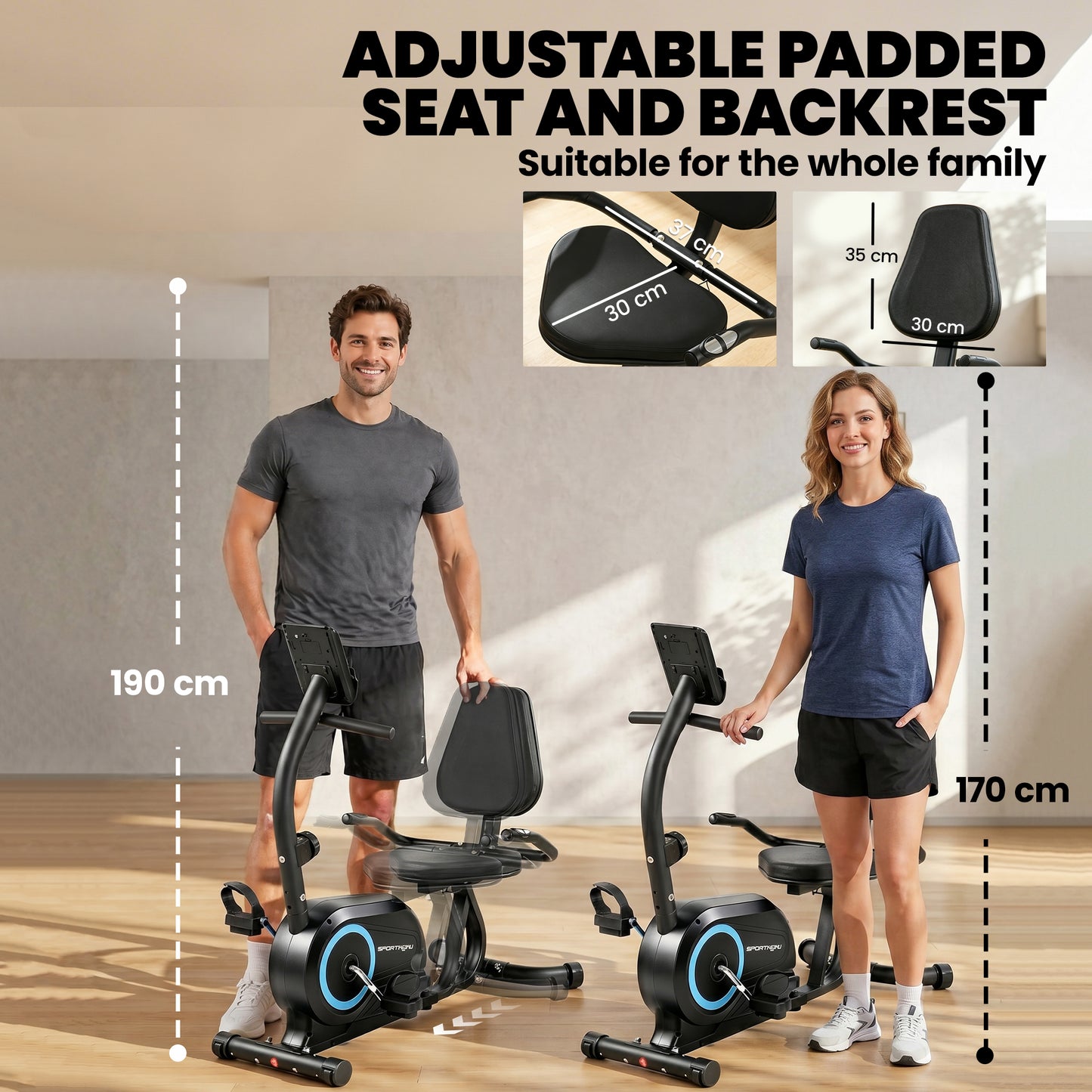Recumbent Exercise Bike for Home, Indoor Stationary Bike for Seniors with Bluetooth, App Connectivity, 8-Level Magnetic Resistance, LCD Display, Pulse Sensors, Adjustable Seat and Wheels