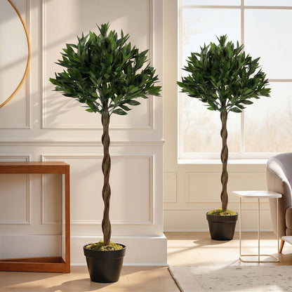 Artificial Bay Laurel Topiary Trees with Twisted Trunk, Realistic Lush Topiary Ball Tree with Weighted Pot, 4FT Indoor Greenery Plant for Home Office Garden Decor, Set of 2, Green