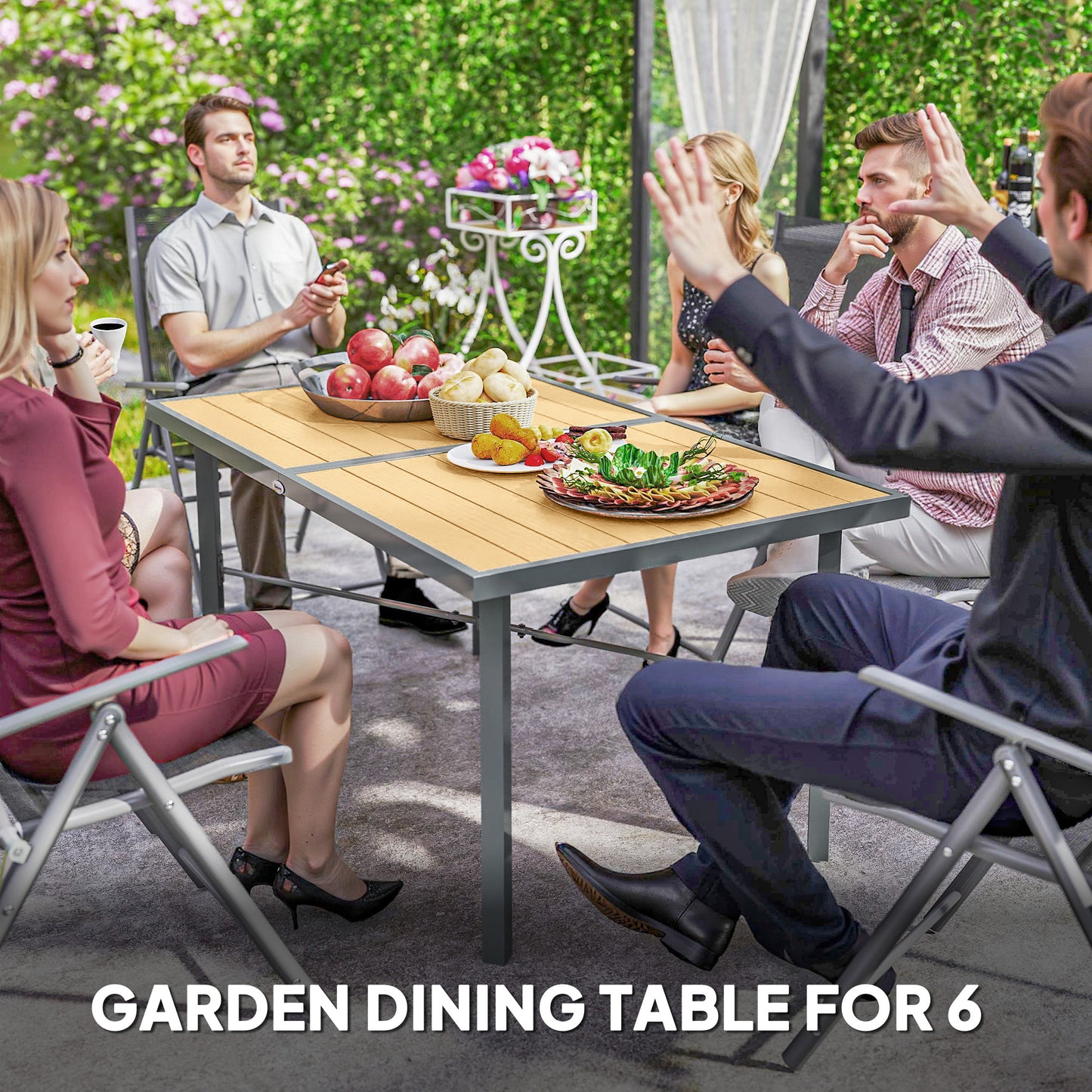 Garden Table for 6, Outdoor Dining Table with 5cm Umbrella Hole