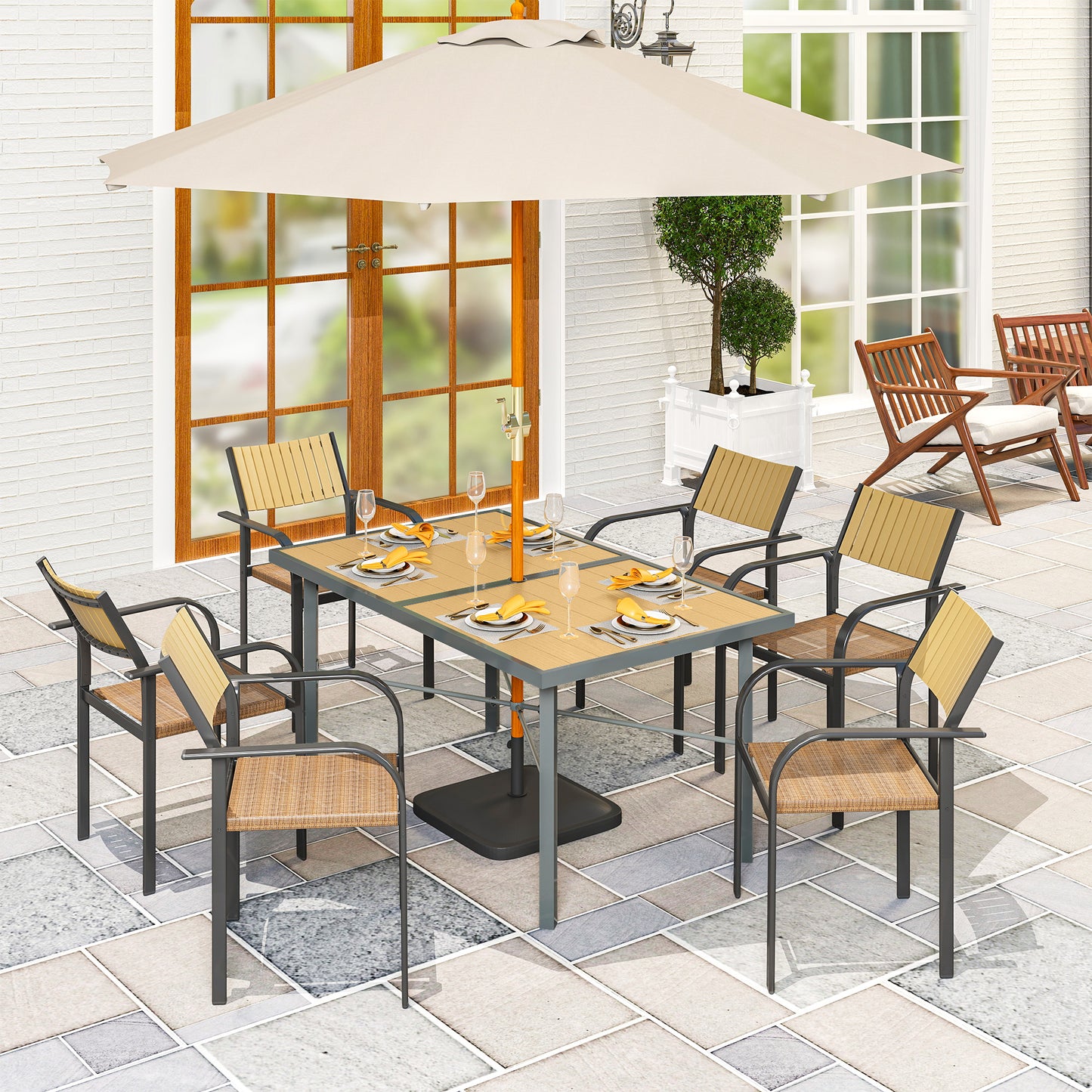 Garden Table for 6, Outdoor Dining Table with 5cm Umbrella Hole
