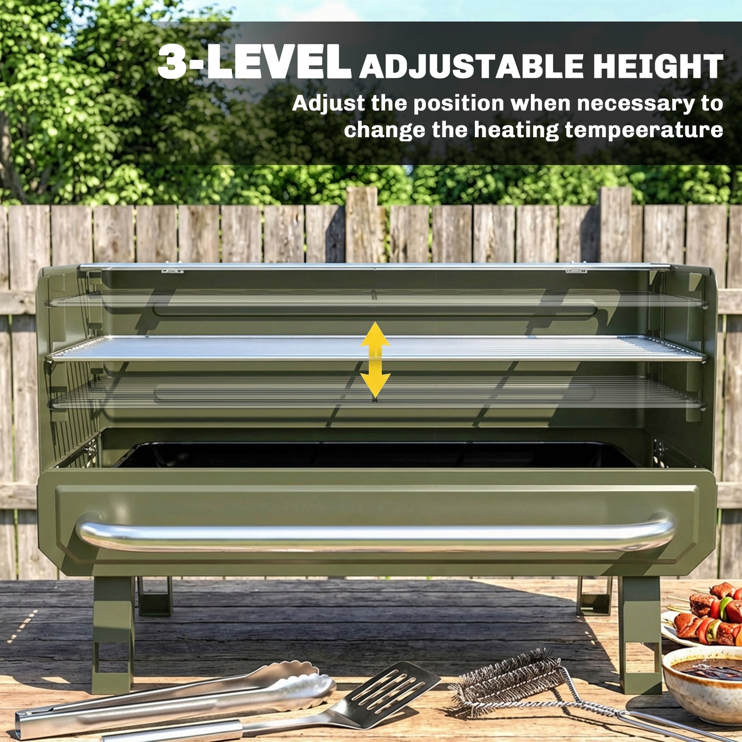 Portable Barbecue Grill with Adjustable Grates for Camping, Green