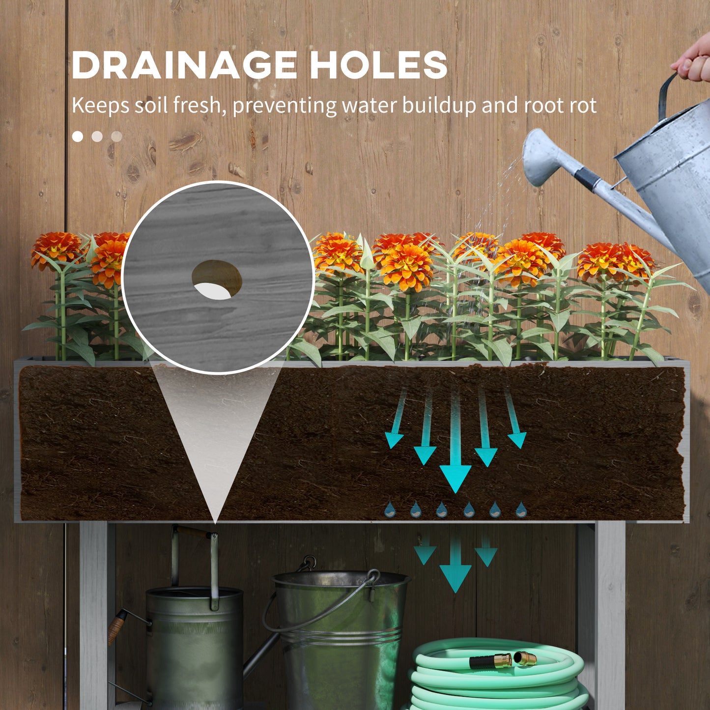 Wooden Raised Bed w/ Bed Liner, Storage Shelf, Grey