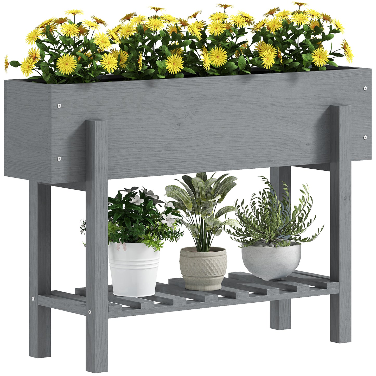 Wooden Raised Bed w/ Bed Liner, Storage Shelf, Grey