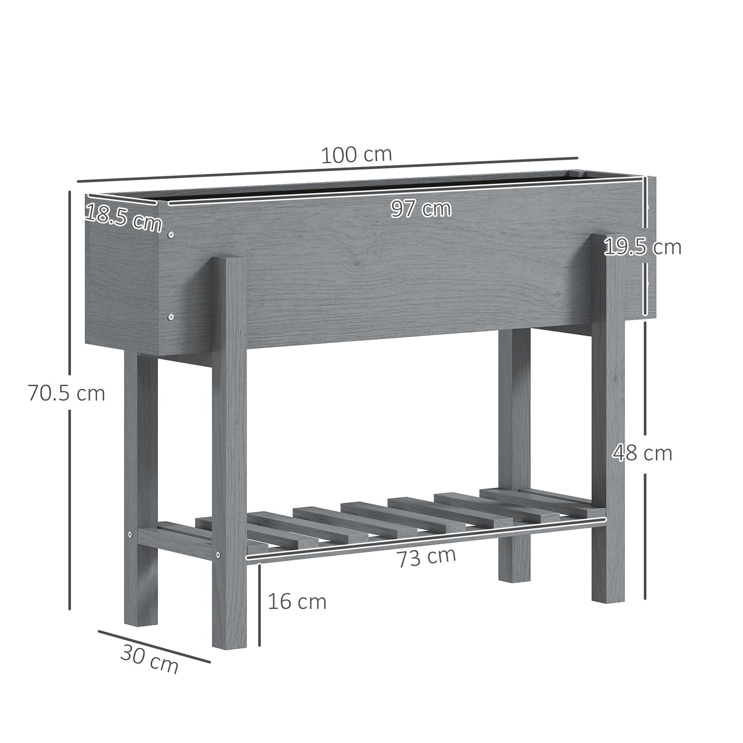 Wooden Raised Bed w/ Bed Liner, Storage Shelf, Grey
