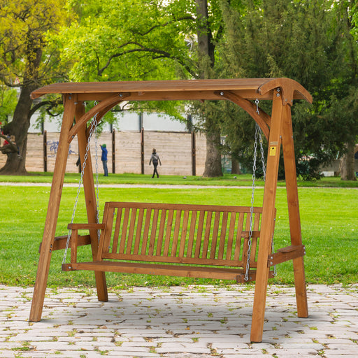 3-Seater Larch Wood Garden Swing Chair Bench Hammock Lounger with Wooden Canopy, Teak