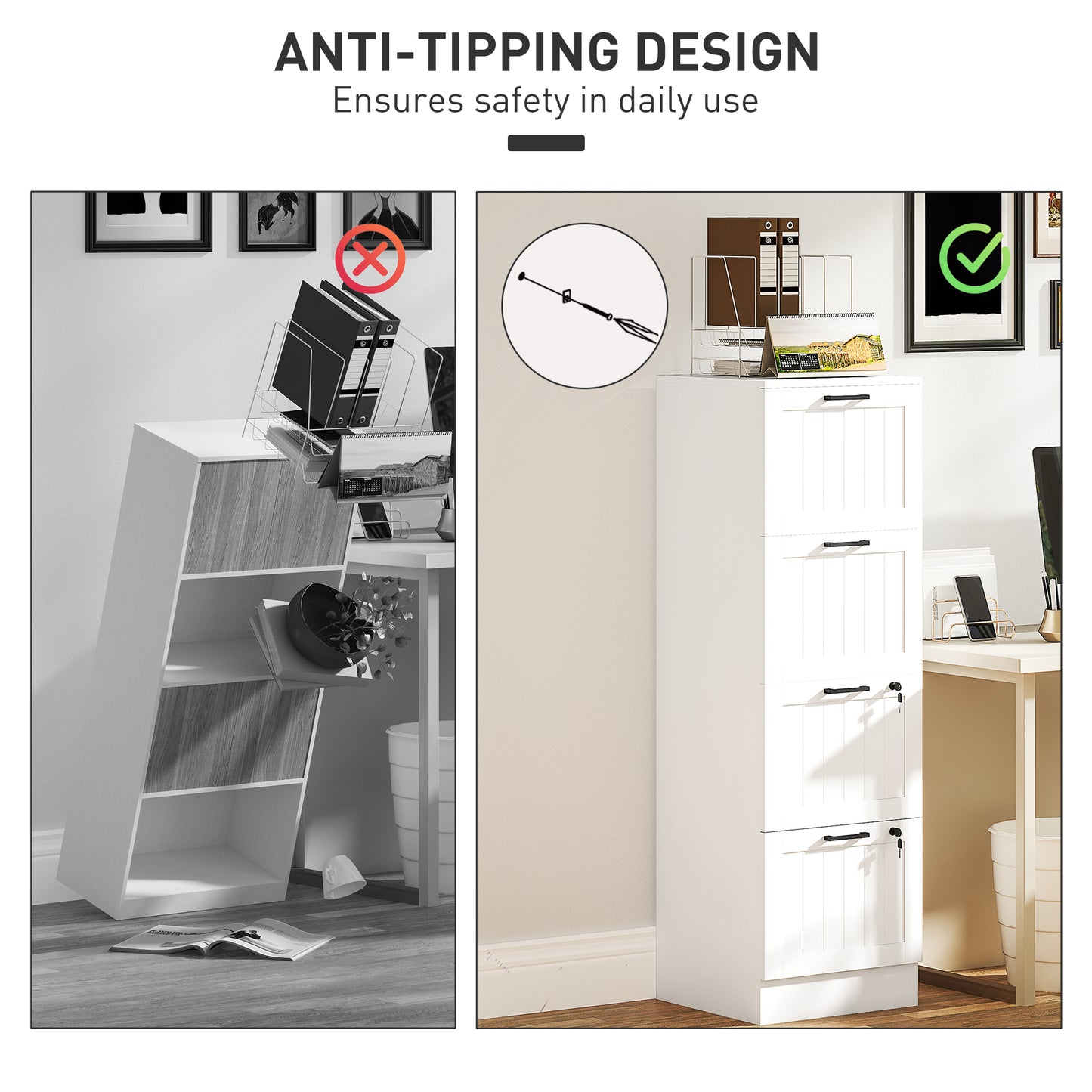 4 Drawer File Cabinet with Lock and Adjustable Hanging Bars, White