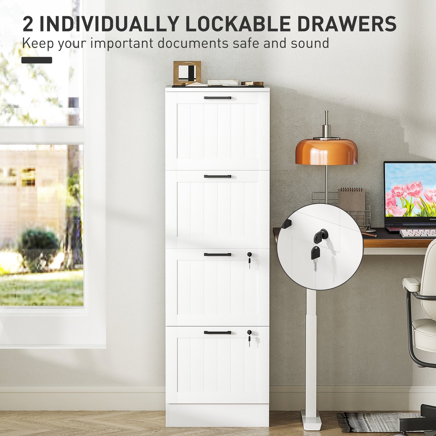 4 Drawer File Cabinet with Lock and Adjustable Hanging Bars, White