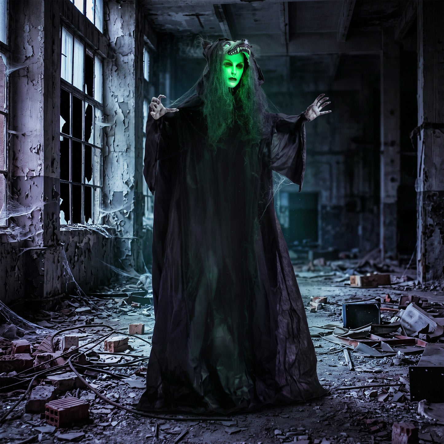 67" Animated Pop-Up Ghost with Werewolf Mask, Light Up Animated Prop