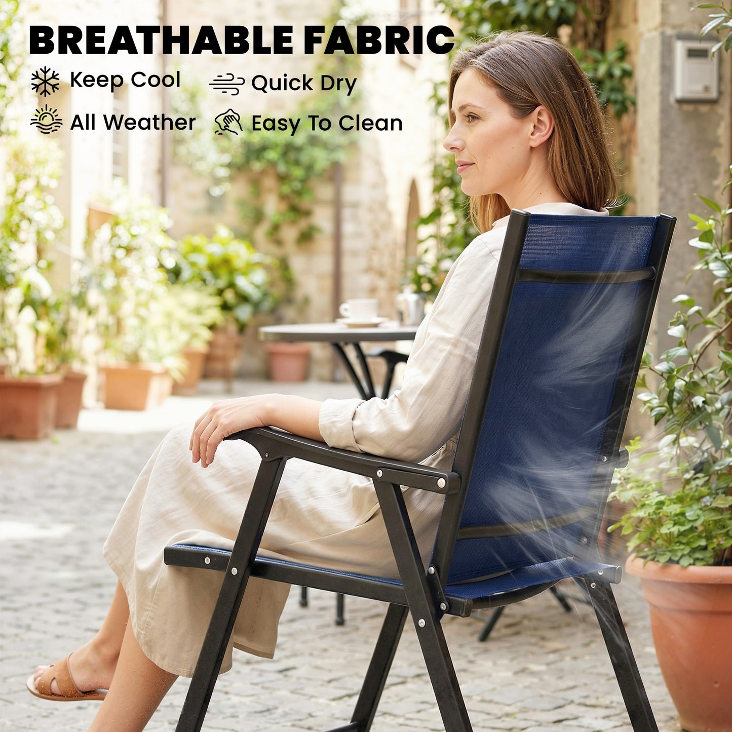 Folding Garden Chairs Set of 4 with High Back, Armrests, Navy Blue