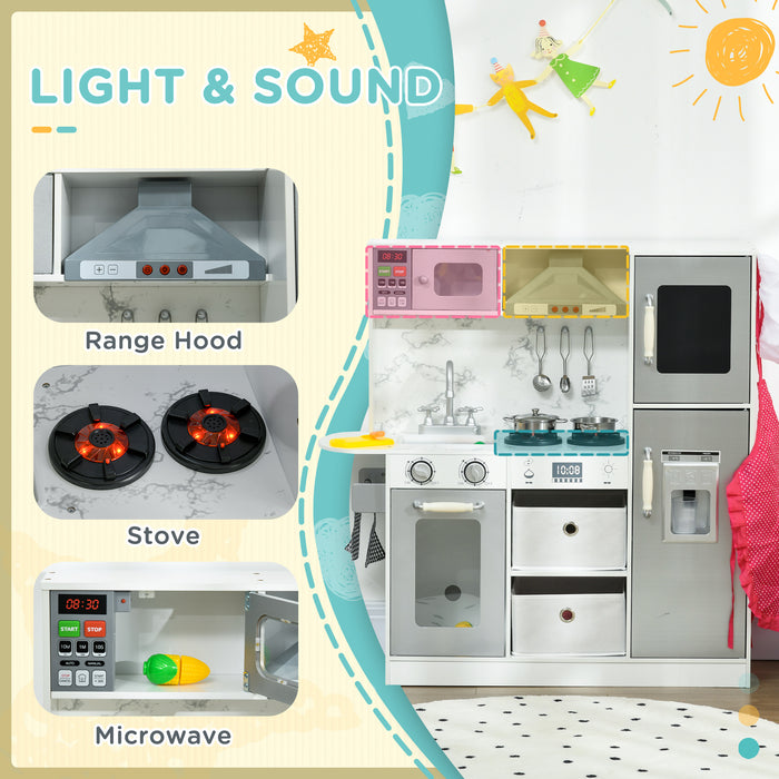 AIYAPLAY Toy Kitchen with Lights Sounds, Apron and Chef Hat, Ice Maker, Microwave, for 3-6 Years Old - White