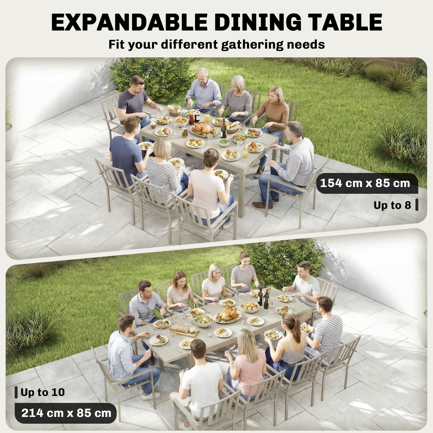 Extending Garden Table, Aluminium Outdoor Dining Table for 8-10
