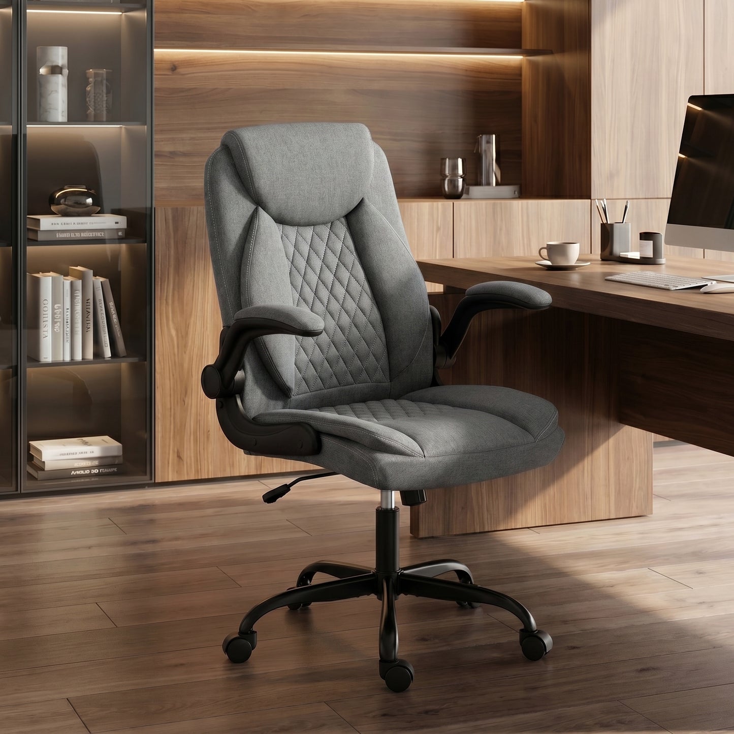 Linen-Look Computer Desk Chair with Thick Cushion, Grey