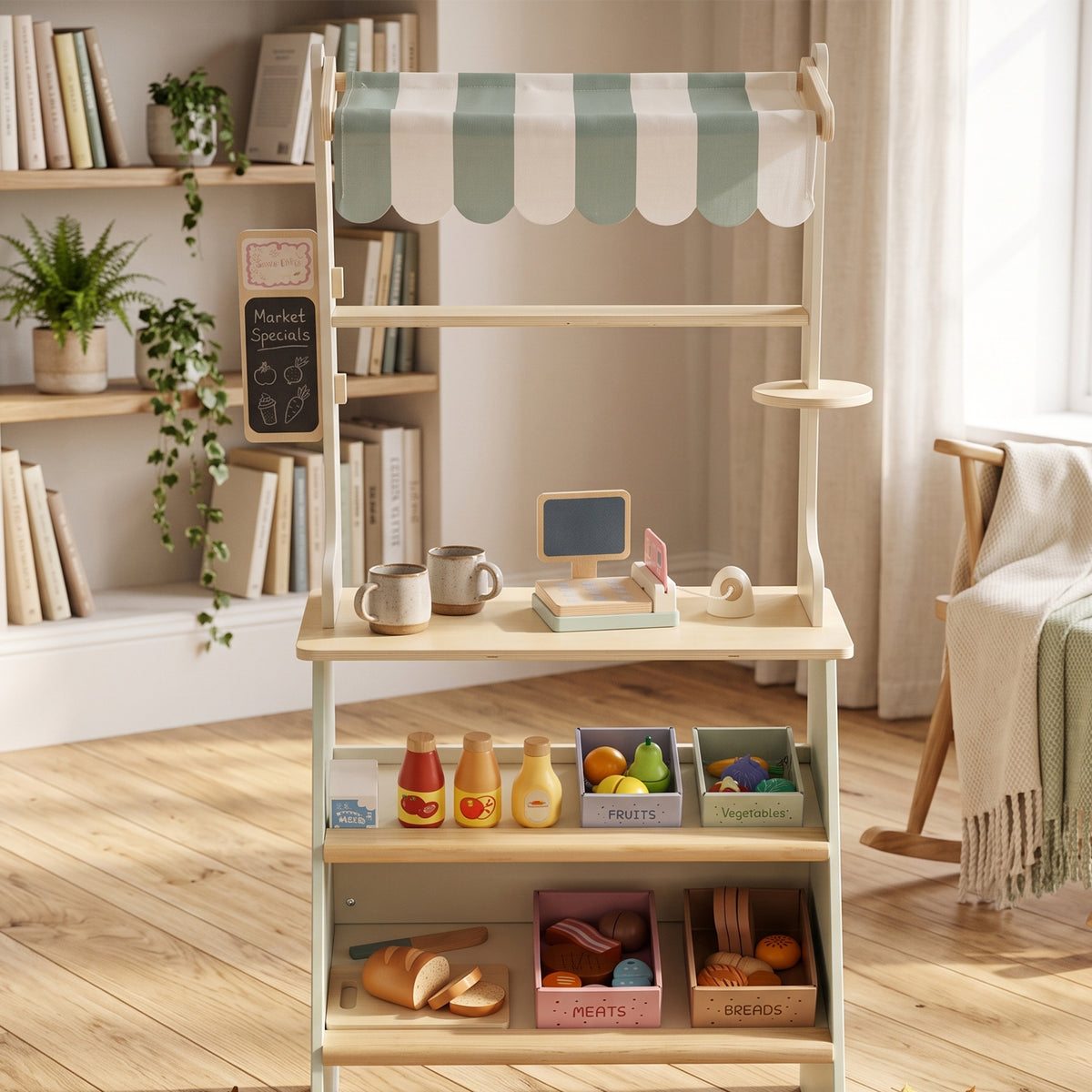 Wooden Toy Shop, Supermarket Role Play with 34 Accessories, Green