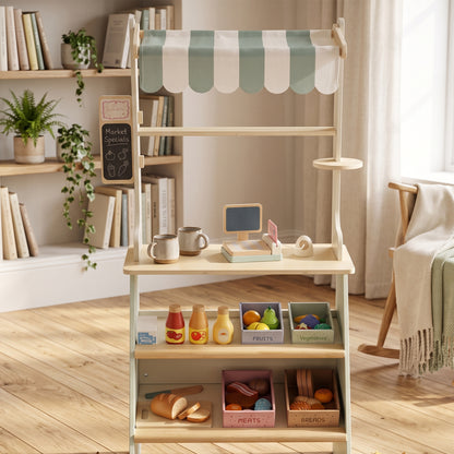 Wooden Toy Shop, Supermarket Role Play with 34 Accessories, Green