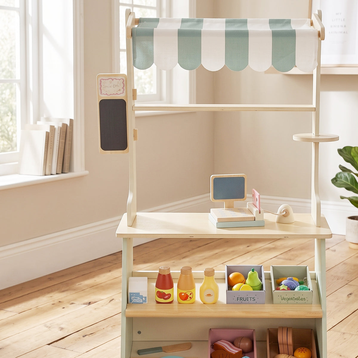 Wooden Toy Shop, Supermarket Role Play with 34 Accessories, Green