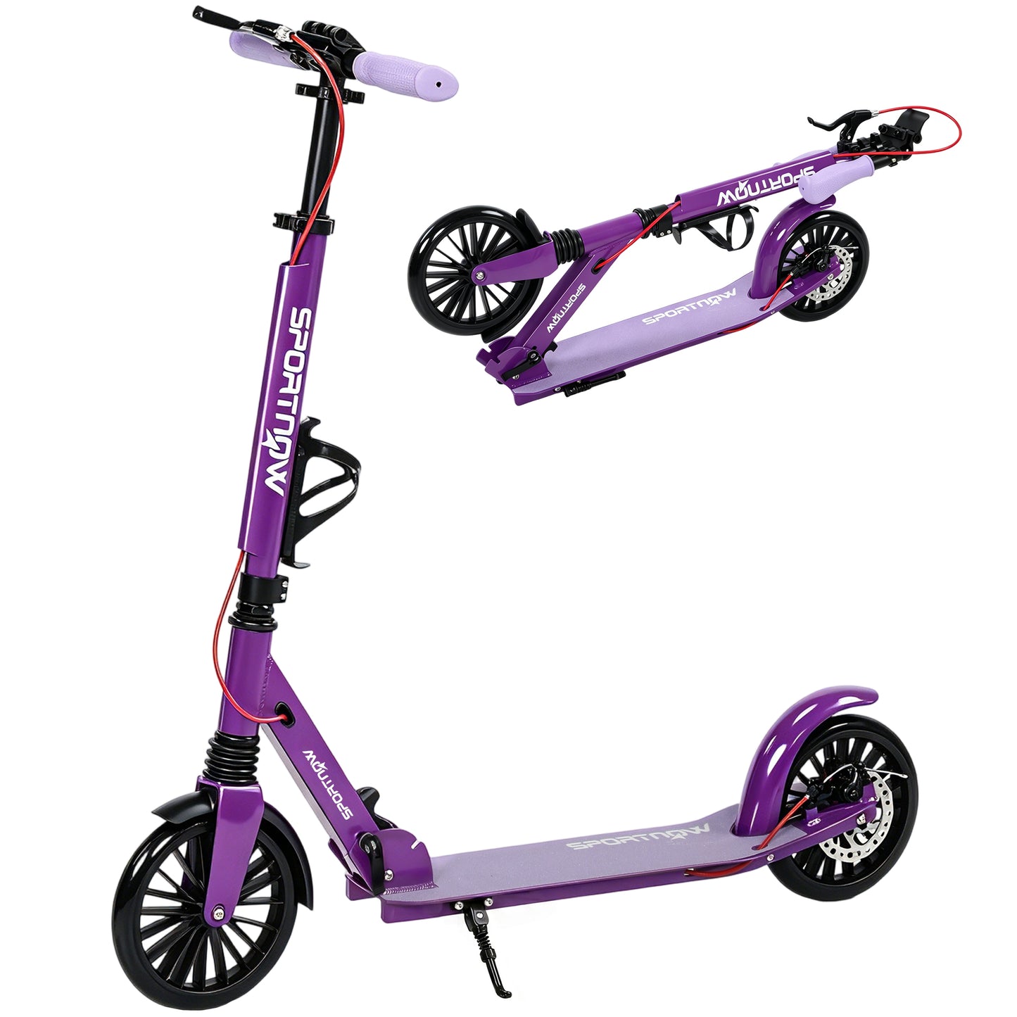Foldable Kick Scooter with Height Adjustable Handlebar, One-click Folding Adult Scooters with 200 mm Big Wheels, Shock Absorption, ABEC-7 Bearings, Dual Brake System, Aluminium Frame, Purple