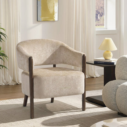 Accent Chair, Upholstered Armchair with Solid Wood Legs, Beige