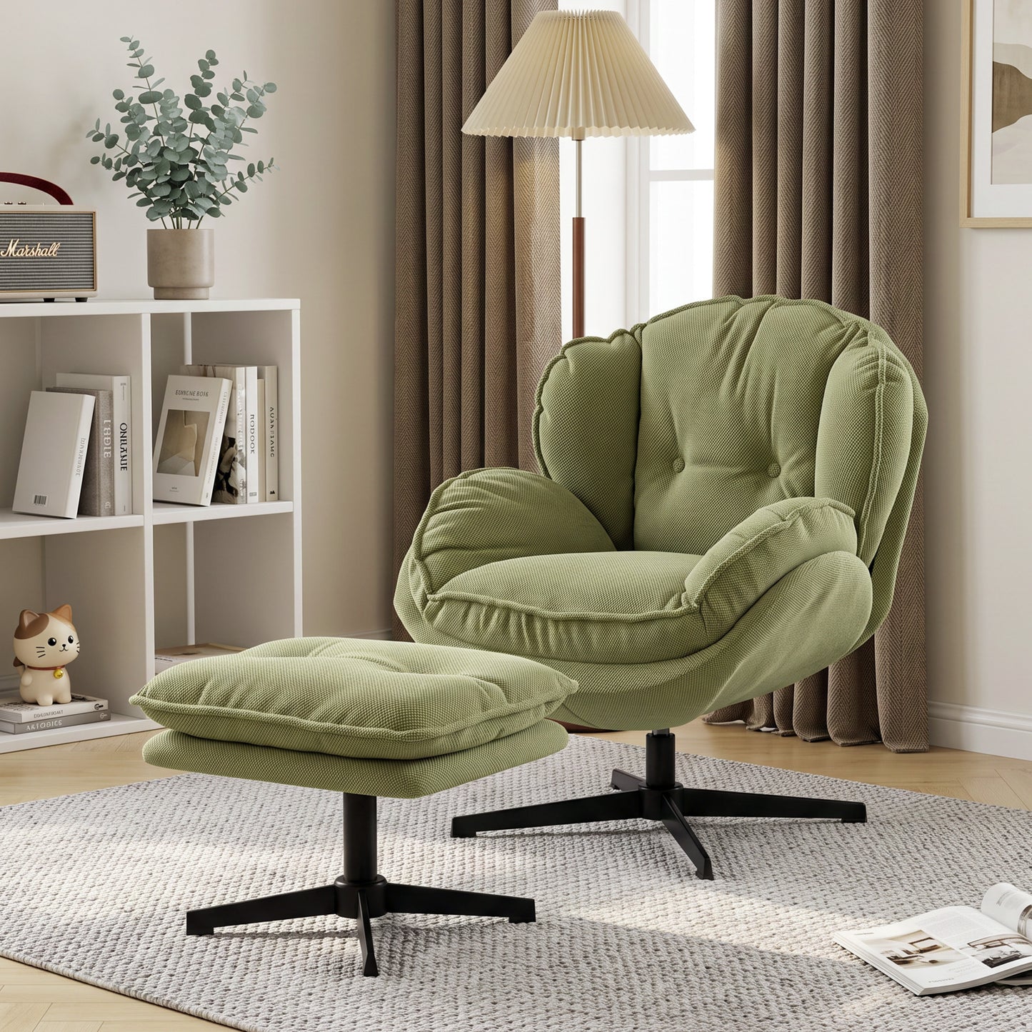 Armchair with Footstool, 360-Degree Swivel Accent Chair, Green