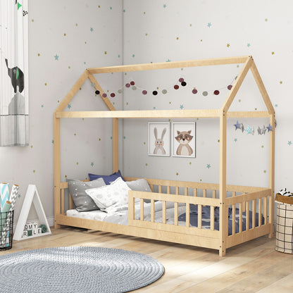 House-Shaped Kids Bed Frame Solid Pine Wood with Guard Rails, Natural