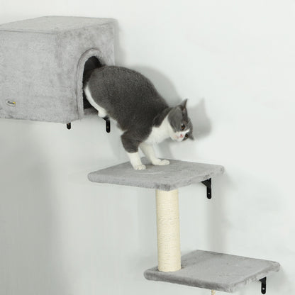 6-Piece Cat Wall Shelves Set, Cat Wall Furniture with Condo, Grey