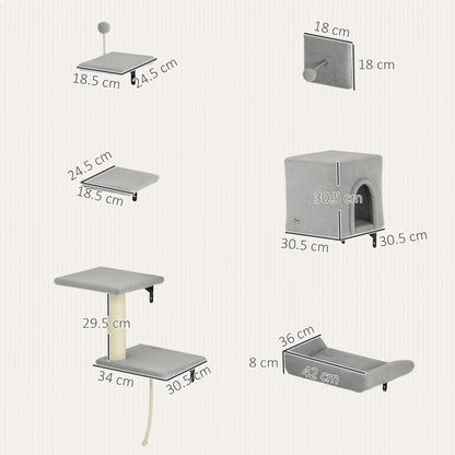 6-Piece Cat Wall Shelves Set, Cat Wall Furniture with Condo, Grey