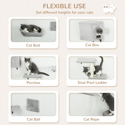 6-Piece Cat Wall Shelves Set, Cat Wall Furniture with Condo, Grey