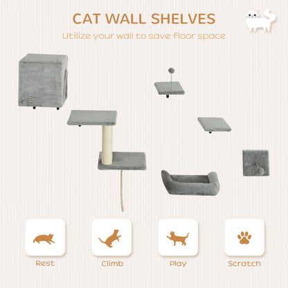 6-Piece Cat Wall Shelves Set, Cat Wall Furniture with Condo, Grey