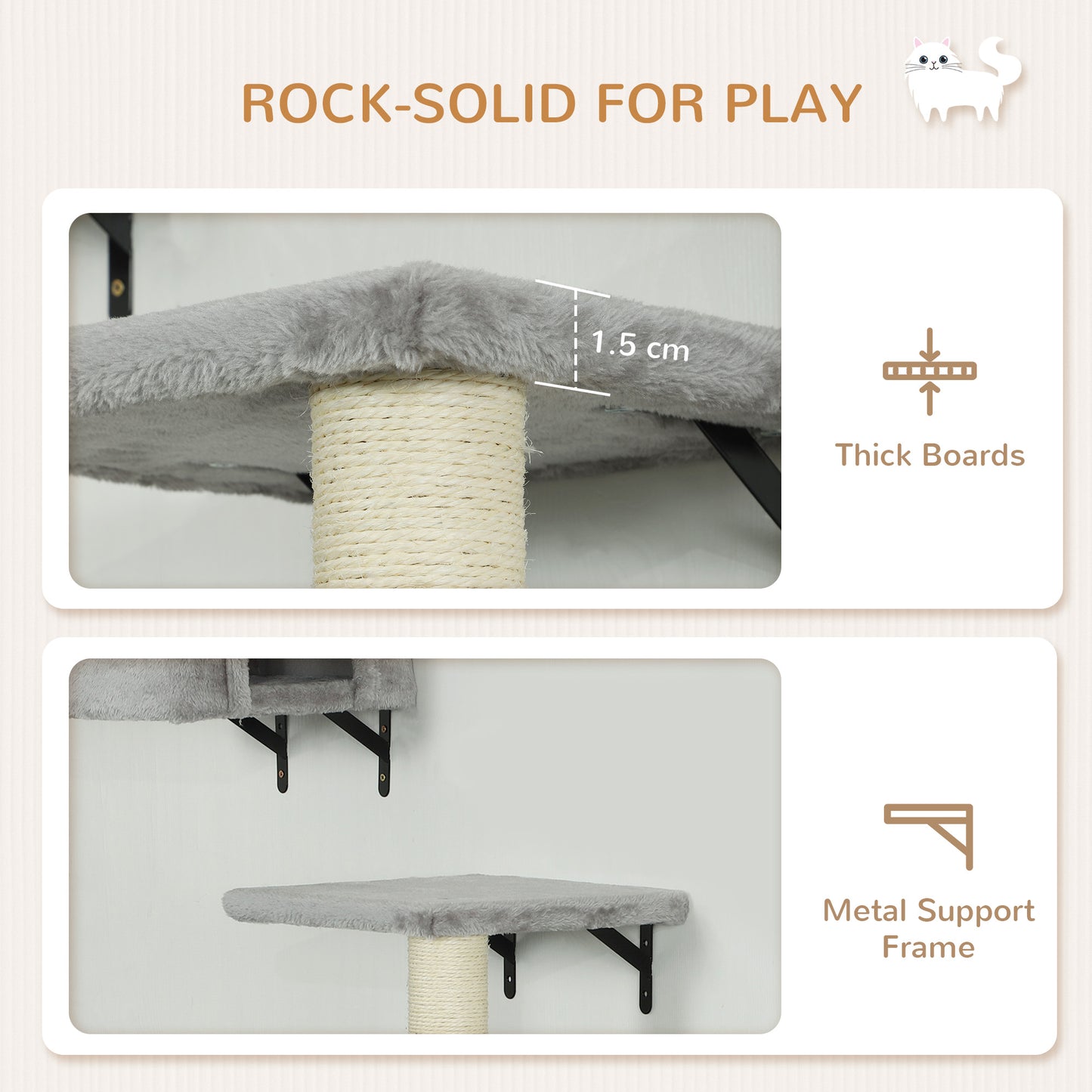 6-Piece Cat Wall Shelves Set, Cat Wall Furniture with Condo, Grey