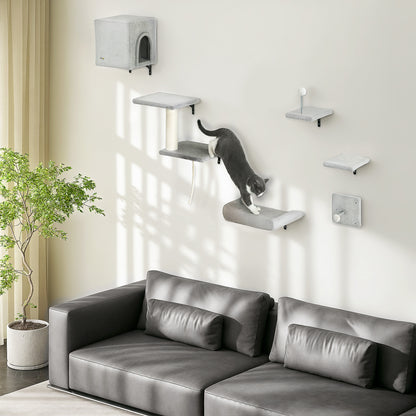 6-Piece Cat Wall Shelves Set, Cat Wall Furniture with Condo, Grey