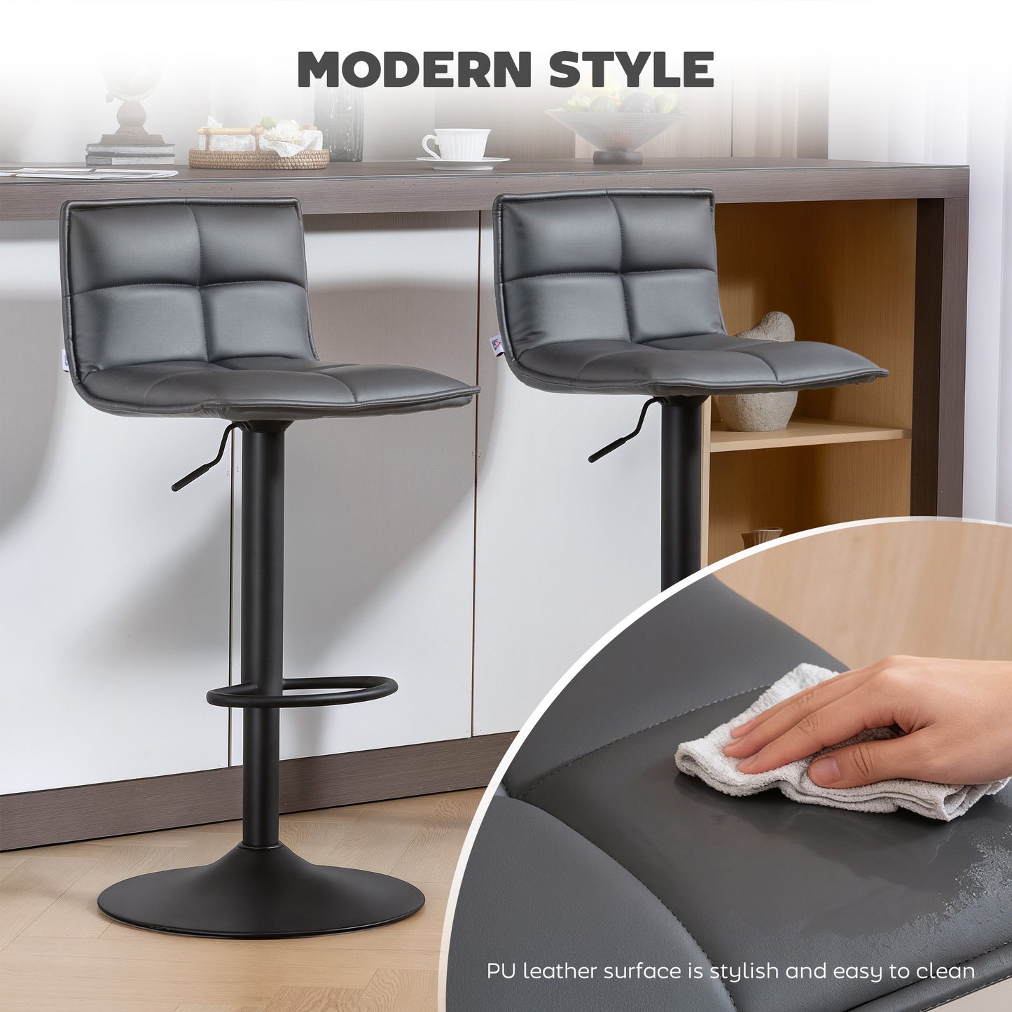 Bar Stools Set of 2 Swivel Height Adjustable Barstools Dark Grey
