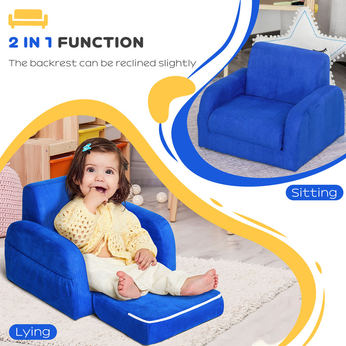 2 In 1 Kids Children Sofa Chair Bed Folding Couch Soft Flannel Foam Toddler Furniture for 3-4 years old Playroom Bedroom Living Room Blue