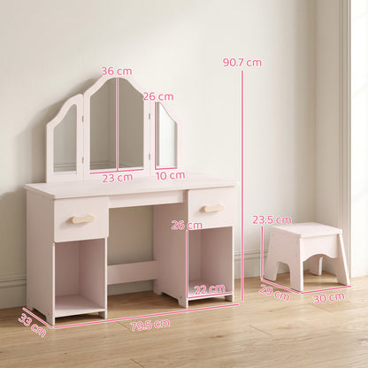 Kids Vanity Table and Chair Set with Tri-Folding Mirror for 3+