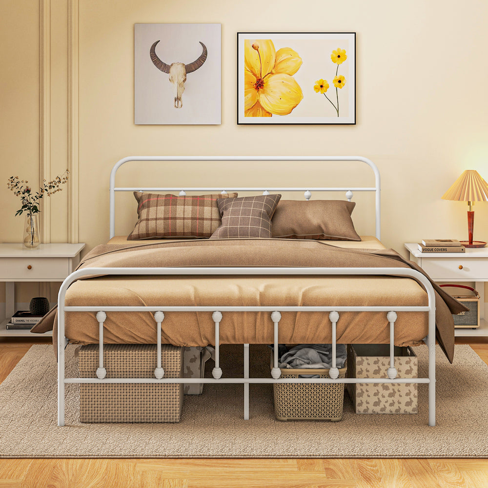 5ft Metal King Platform Bed Frame w/ Underbed Storage Headboard White