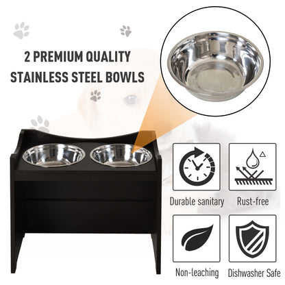 Raised Dog Bowls Duo Pet Feeder w/ Steel Bowls Adjustable Shelf Brown