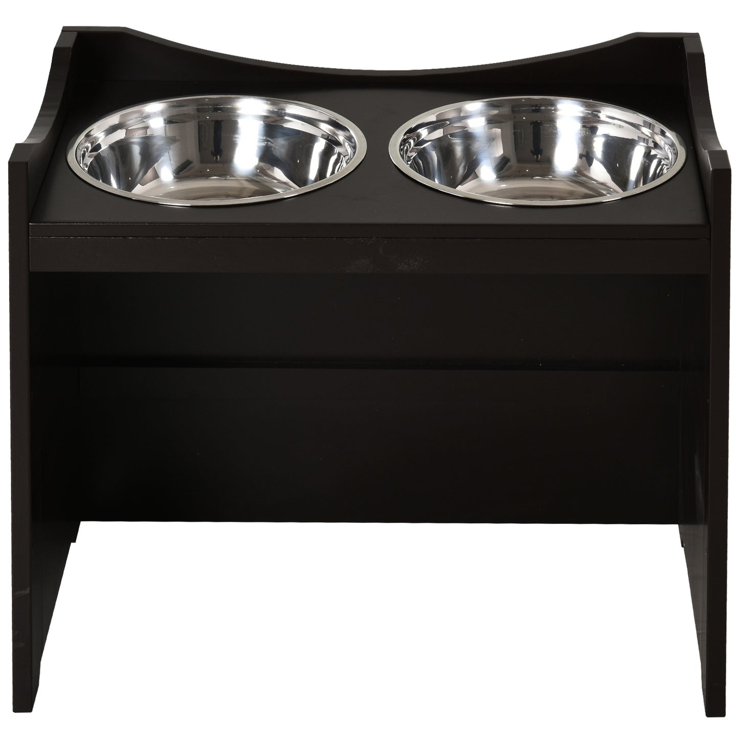 Raised Dog Bowls Duo Pet Feeder w/ Steel Bowls Adjustable Shelf Brown