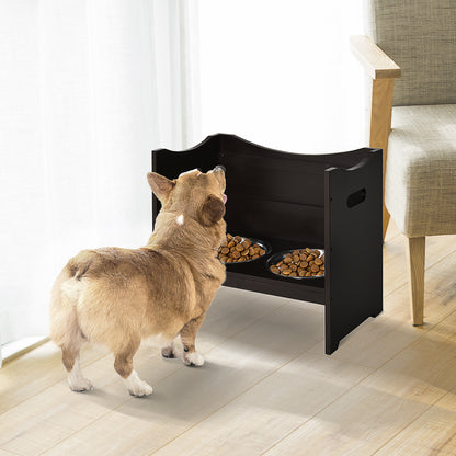 Raised Dog Bowls Duo Pet Feeder w/ Steel Bowls Adjustable Shelf Brown