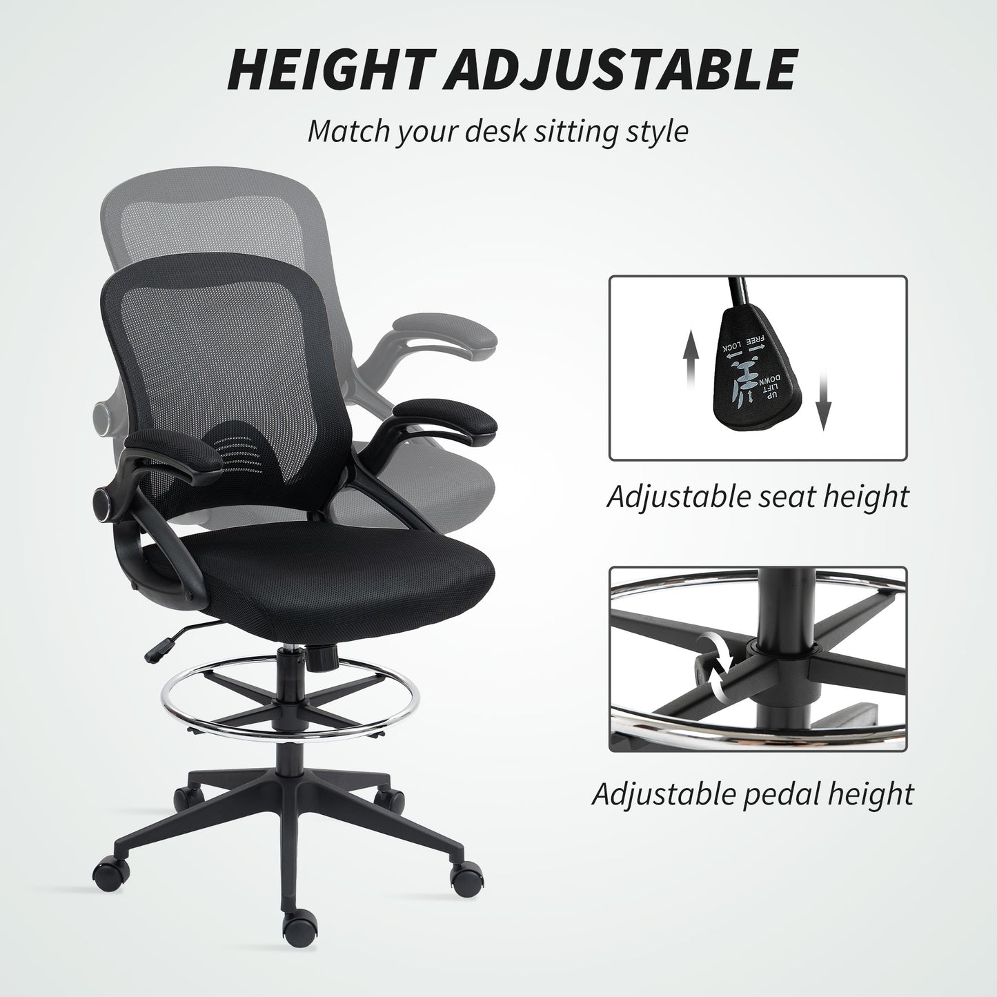 Mesh Office Stool, 60° Swivel Height Adjustable Chair, Black