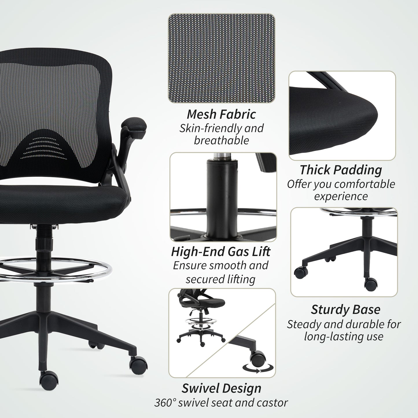 Mesh Office Stool, 60° Swivel Height Adjustable Chair, Black