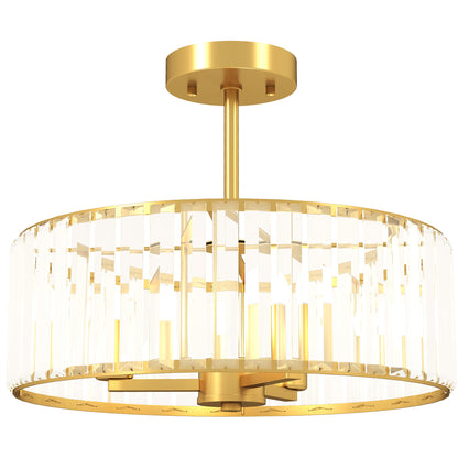 Semi Flush Mount Modern Crystal Chandelier Ceiling Light, Gold Tone