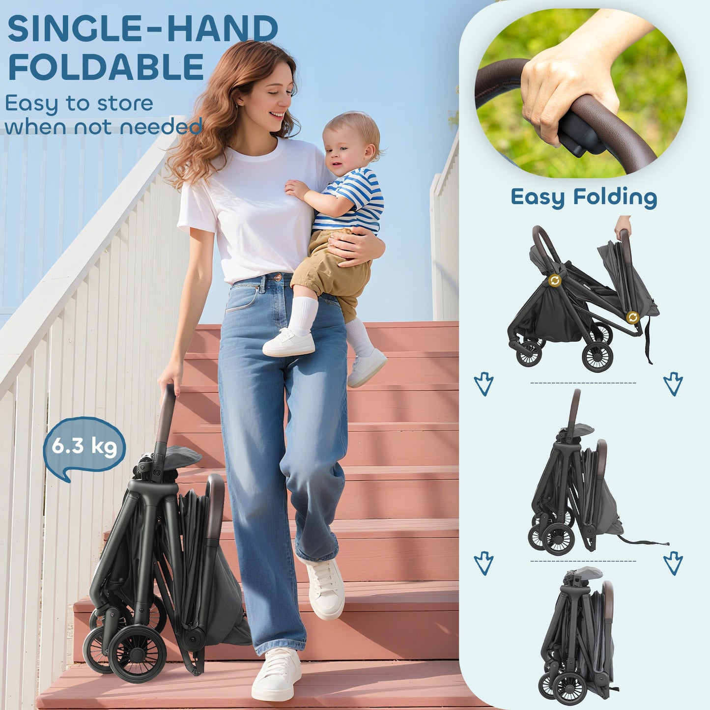 Baby Stroller with Adjustable Seat, Travel Pushchair, Dark Grey