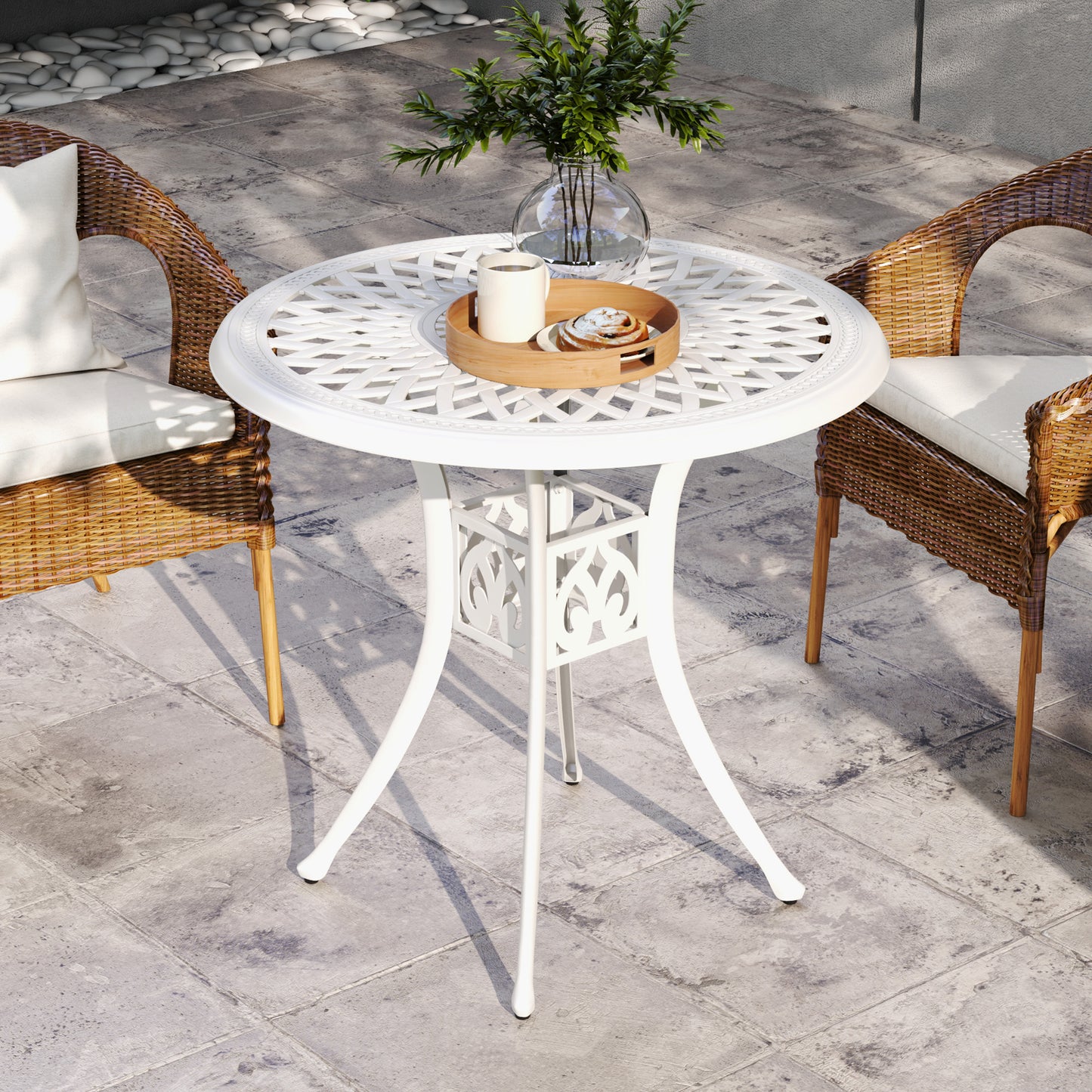 78 cm Round Garden Dining Table with Parasol Hole, White
