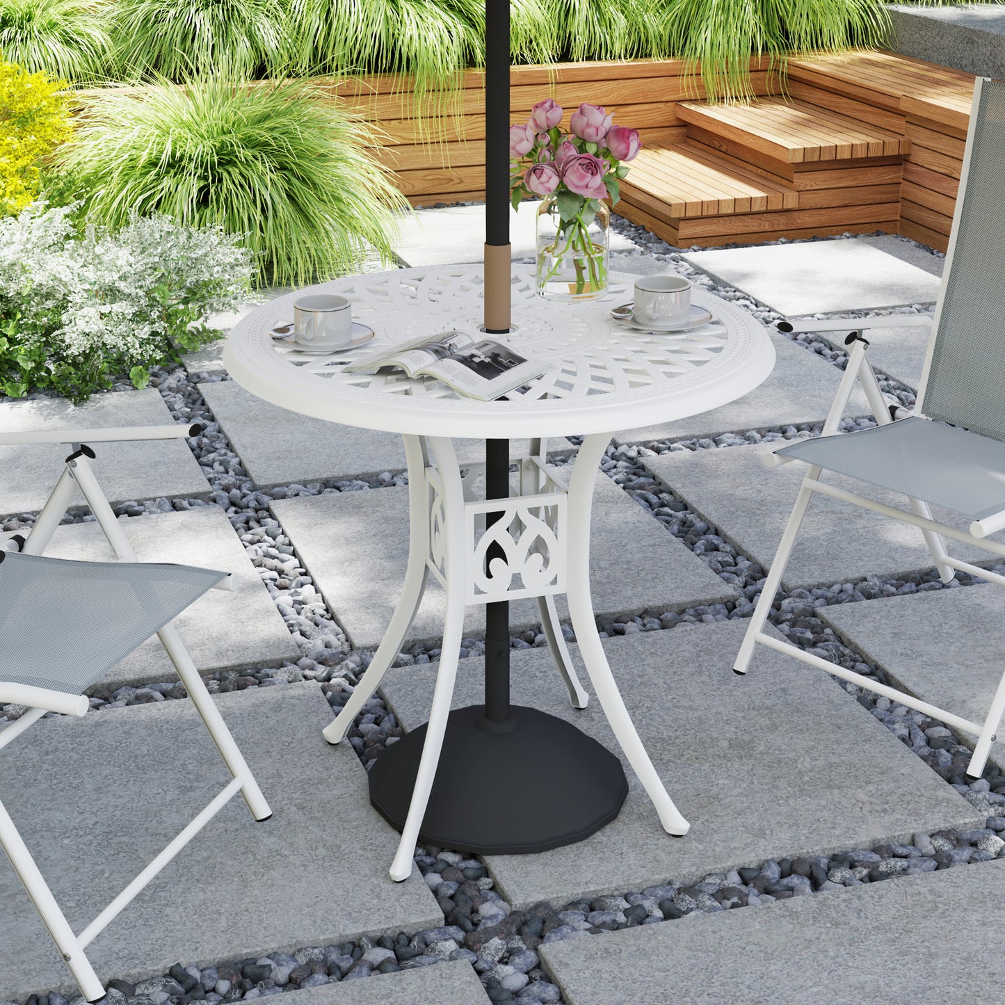 78 cm Round Garden Dining Table with Parasol Hole, White