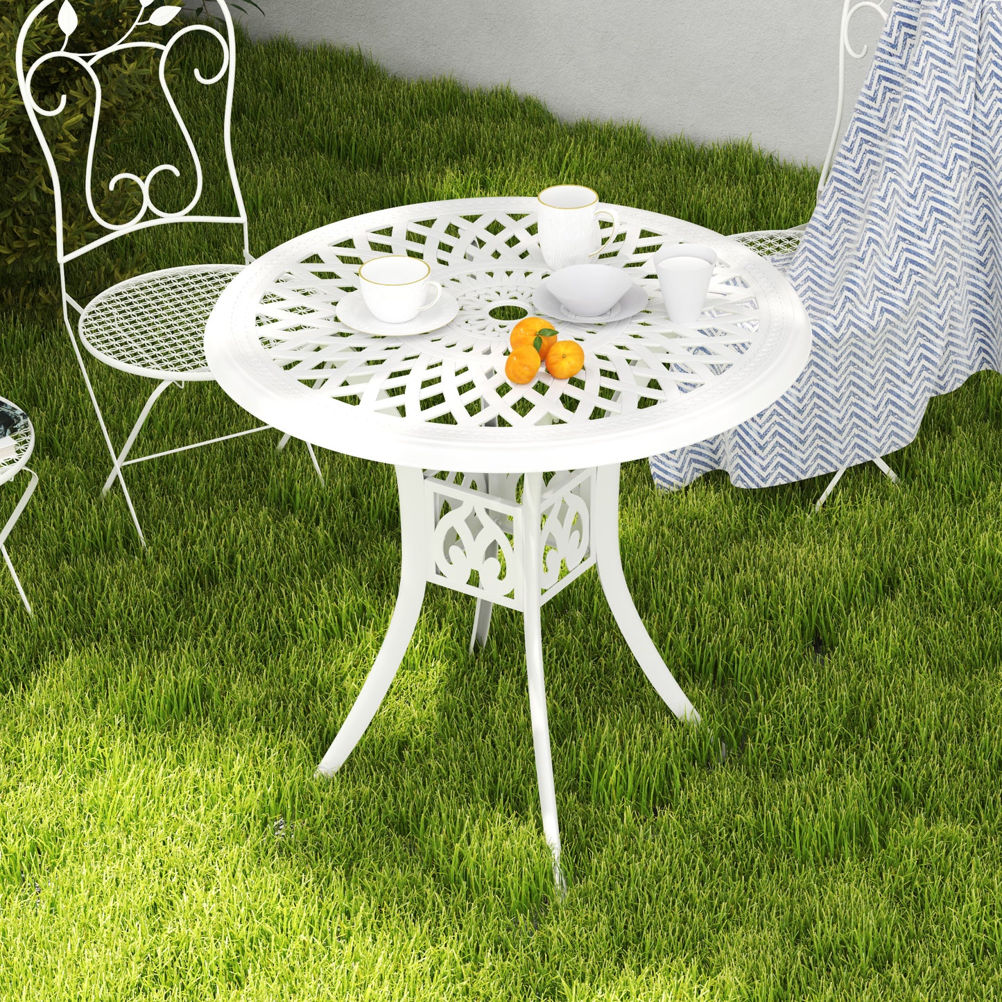 78 cm Round Garden Dining Table with Parasol Hole, White