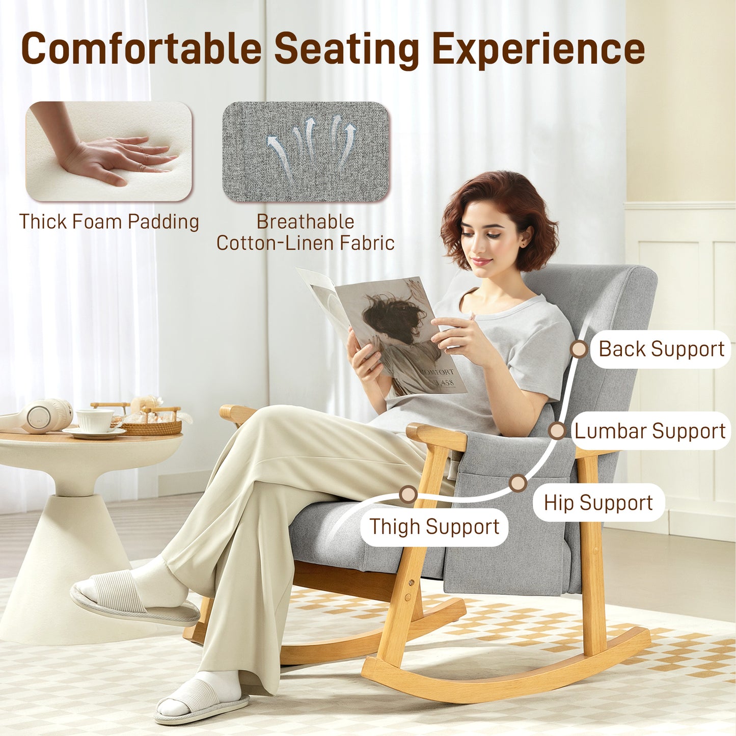 Modern High Back Rocking Chair with Solid Wood Legs, Light Grey