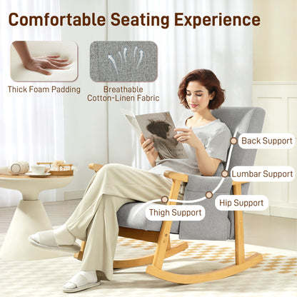 Modern High Back Rocking Chair with Solid Wood Legs, Light Grey
