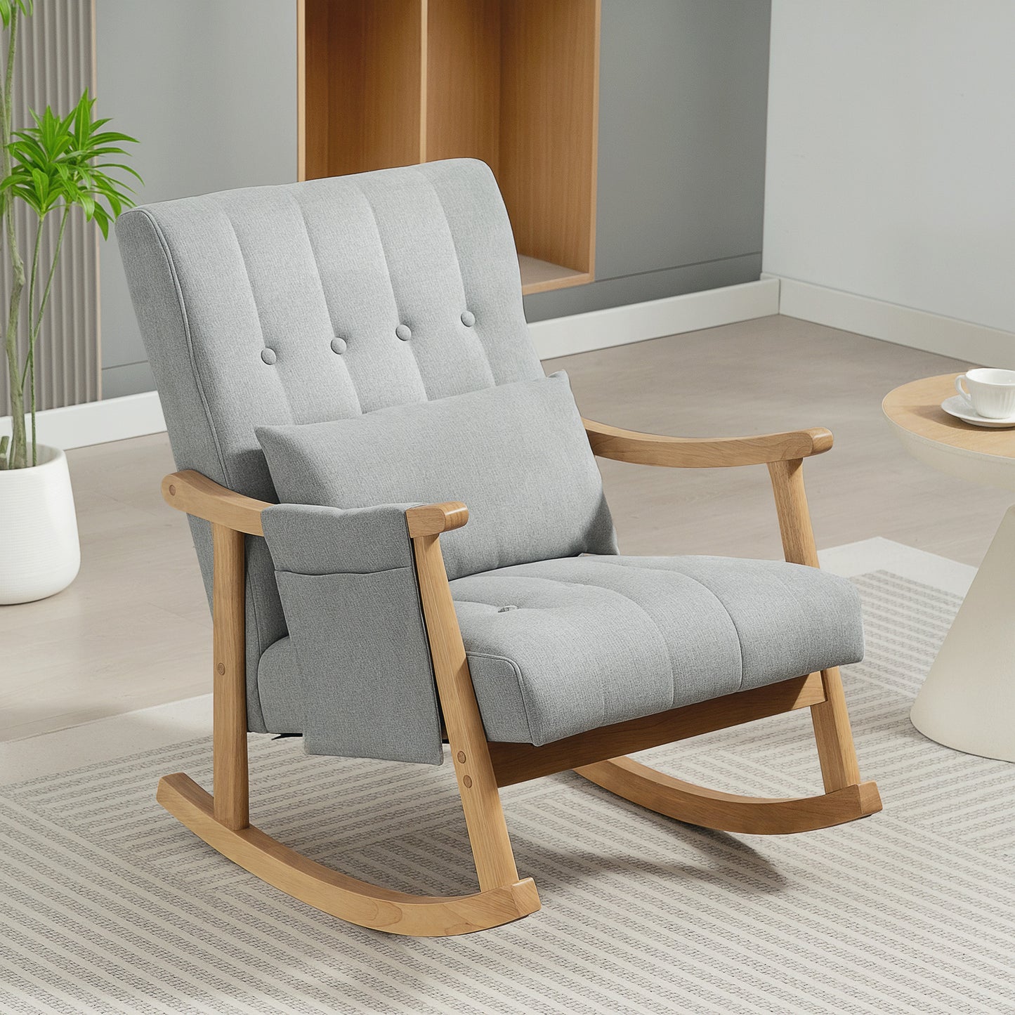 Modern High Back Rocking Chair with Solid Wood Legs, Light Grey