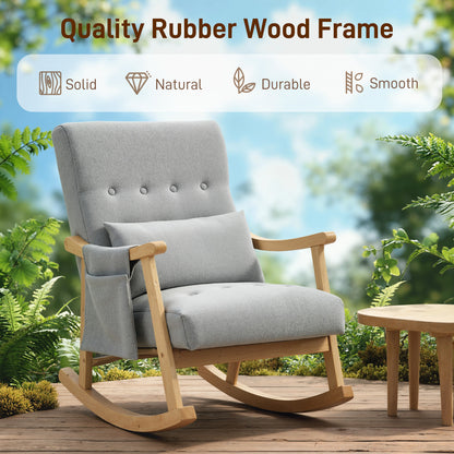 Modern High Back Rocking Chair with Solid Wood Legs, Light Grey