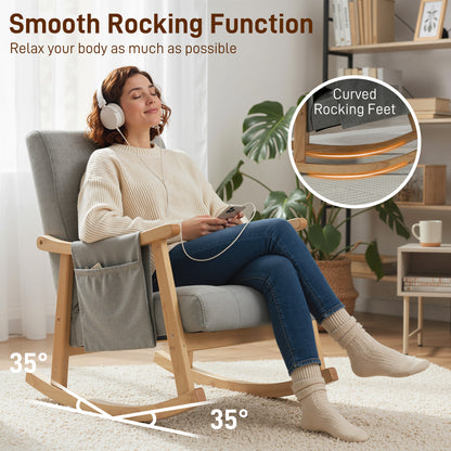 Modern High Back Rocking Chair with Solid Wood Legs, Light Grey