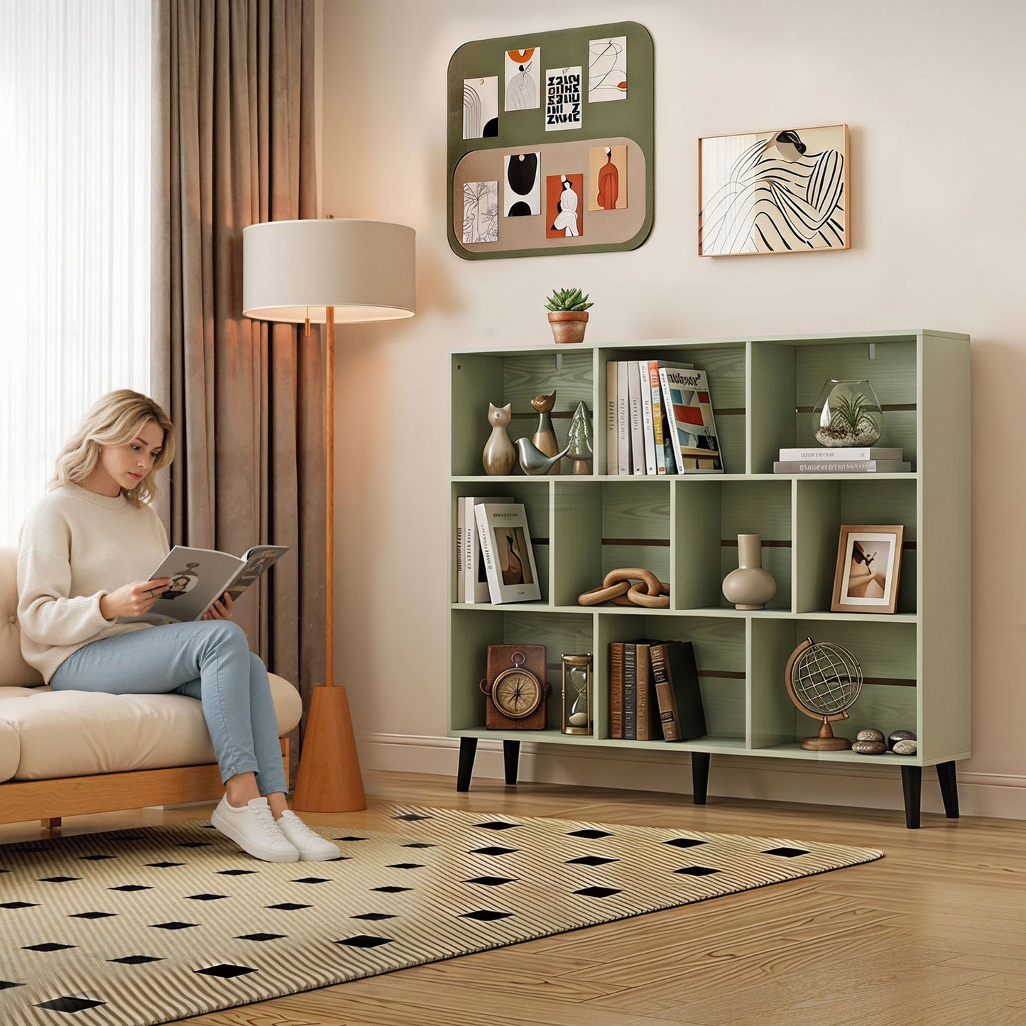 Bookshelf with 10 Cubbies, Book Shelf with Wood Legs, Light Green