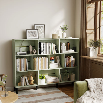 Bookshelf with 10 Cubbies, Book Shelf with Wood Legs, Light Green